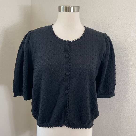 Anthropologie Sweaters - NEW By Anthropologie Womens XL Black Puff Sleeve Pointelle Knit Cardigan Sweater